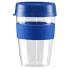 A drink bottle featuring a clear body, blue lid, and blue silicone band, holding 360ml. Includes a logo.