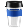 A drink bottle featuring a clear body, a black lid, and a blue silicone band. It has a logo on the surface.