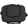 A black cooler bag featuring a front pocket, sturdy handles, and a detachable shoulder strap. It has a logo.