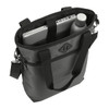 A black laptop tote bag with a grey laptop and a drink bottle inside. The bag features dual handles and a logo.