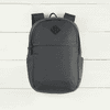 A dark grey backpack made of recycled material, featuring a front pocket and side compartments, with a logo.