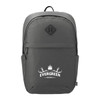 A grey computer backpack made from recycled material with a front logo and dual side pockets.