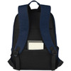 A navy blue laptop backpack featuring padded shoulder straps and a mesh back panel, with an inner pocket visible.