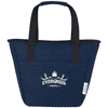 A navy blue cooler tote with black handles and a front pocket featuring a logo. Made from recycled canvas material.