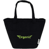 A black cooler tote bag with two handles and a front pocket, featuring a logo and made from recycled canvas.