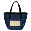 A navy cooler tote featuring a decorative panel, sturdy black handles, and a logo on the side.