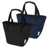 A drink bottle and cooler tote in black and navy blue, featuring two sturdy handles and a branding logo.