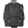 A black wheeled backpack featuring multiple compartments and zippers, designed for carrying laptops and accessories.