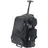 A black wheeled backpack with multiple compartments and a retractable handle. It features zippers and a wheel base.