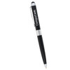 A black stylus pen with a silver accent and a clip; features a branding logo.