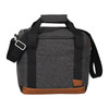 A drink bottle cooler bag in grey fabric with black straps and brown leather accents, featuring a branding logo.