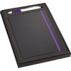 A black journal with a purple elastic band and a silver pen, presented in a black gift box with foam insert.