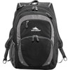 A black and grey backpack with multiple compartments and a logo, designed for carrying laptops and other belongings.