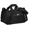A black duffel bag featuring multiple compartments, carrying handles, and a shoulder strap, complete with a logo.