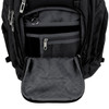 A black laptop backpack with multiple pockets and a large front compartment. It has a branded logo.