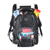 A black computer backpack with multiple compartments, featuring an iPad, snacks, and various organisational items.