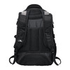 A black computer backpack with padded straps and a mesh back panel, featuring a logo.