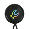 A round black Bluetooth speaker with a multicoloured logo, featuring a textured surface and a loop for attachment.