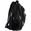 A black laptop backpack with multiple zippered compartments and a branding logo.