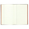 An open journal featuring blank lined pages with a red border and a dark cover. The journal has a logo on the front.