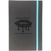 A black journal with a turquoise elastic band and a glossy lip graphic. It features a logo but no text.
