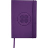 A purple soft bound journal with an embossed flower design and an elastic closure.