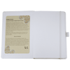 A journal with a white cover and an internal artwork display, featuring a logo and text about the artist and their work.