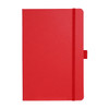 A red notebook with a flat cover, an elastic band closure, and a logo on the front.