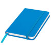 A blue pocket notebook with an elastic band and ribbon bookmark. It has a smooth cover and is compact in size.