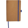 A brown journal with a blue elastic band and ribbon bookmark, featuring a logo on the cover.
