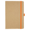 A tan journal with an orange elastic band closure and a bookmark. It has a simple, minimalist design.