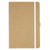 A brown journal with a white band and a closure tab, featuring a smooth cover and a simple design.