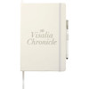 A large, hardbound journal in cream with an elastic closure and a pen holder, featuring a logo.
