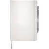 A white journal with blank pages and a silver pen attached. It has a sleek, minimal design and an elastic band closure.