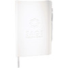 A white Nova Bound JournalBook with blank pages, featuring a logo and a silver pen attached.