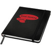 A black A5 hard cover notebook with a ribbon bookmark and an elastic band closing, featuring a logo.