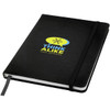 A black A5 hard cover notebook with a ribbon bookmark and an elastic closure, featuring a logo on the front.