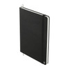 A black hardcover notebook with a white spine and an elastic closure, featuring a ribbon bookmark and a logo.
