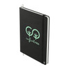A black hardcover notebook with a green logo design and an elastic band closure. It features a ribbon bookmark.