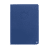 A navy hardcover notebook with a logo on the front, featuring a textured surface.