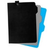 A black notebook with a grey and blue folder, featuring a rounded edge and a fastening button.