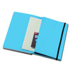 A blue notebook with a flexible cover, featuring a pocket and an elastic closure. It contains white pages and a branding logo.