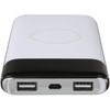 A sleek white and black wireless power bank featuring USB ports and a charging display. It has a logo on the surface.