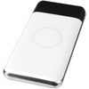 A wireless power bank in white and black with a sleek, reflective silver edge and a circular charger pad.