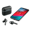 True wireless earbuds in black with a matching charging case and a smartphone displaying music playback.
