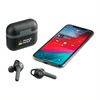 True wireless earbuds in black with a charging case, displayed next to a smartphone showing a music player interface.