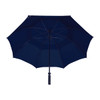 A navy blue vented golf umbrella with a sturdy handle and a curved canopy design. Features a logo on the handle.