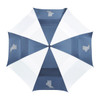 A navy and white vented golf umbrella with a logo, featuring an eight-panel design.