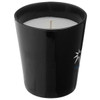 A black scented candle in a sleek holder with a wick, featuring a decorative logo.