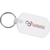 A white rectangular soft key tag with a metal keyring and a logo printed on it.